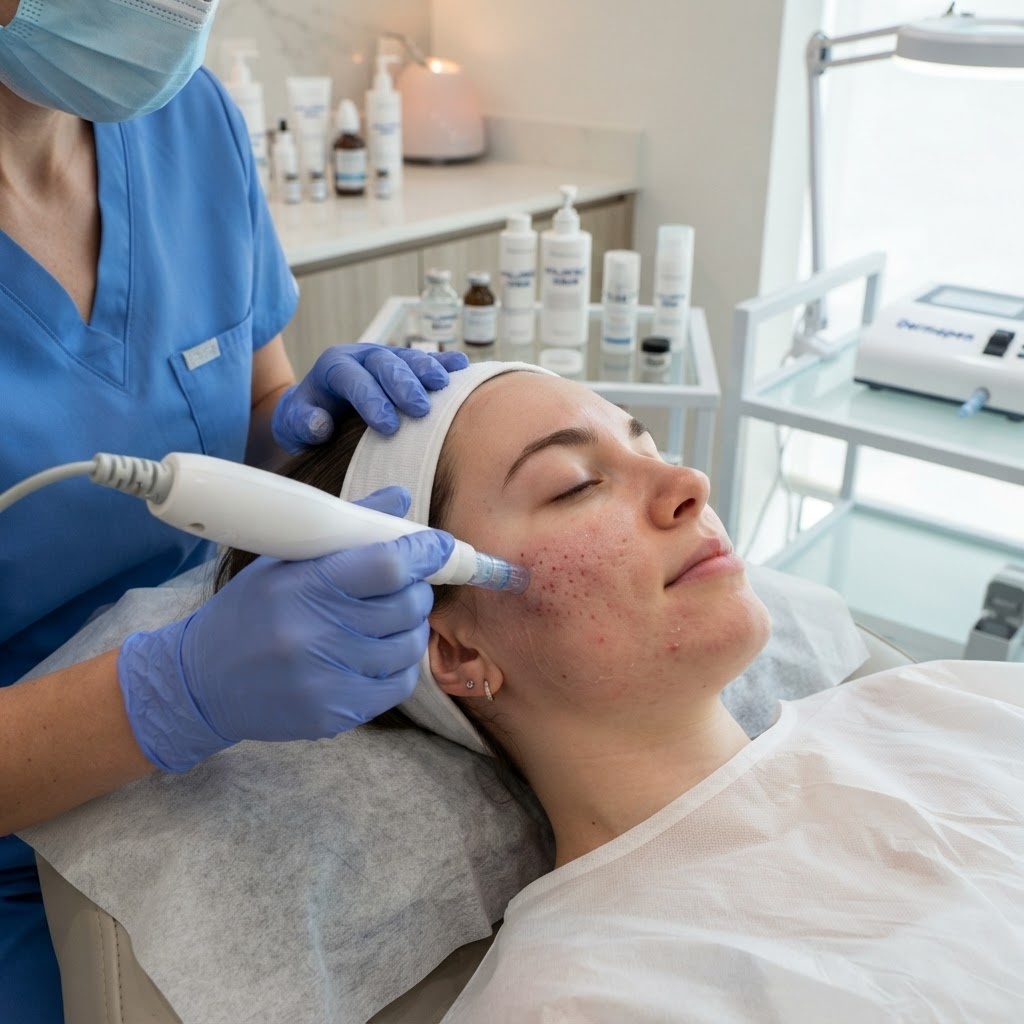 Provider treating ice pick scars on patient's cheek with a dermatology device