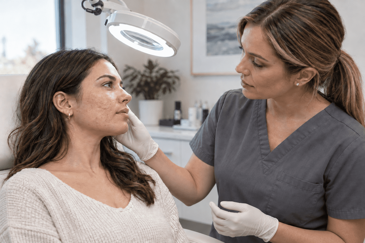 Provider examining patient's skin before choosing an acne scar treatment plan